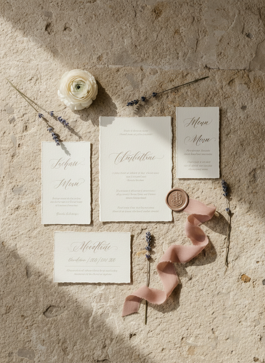 A refined wedding stationery flat lay displayed on a softly textured limestone surface reminiscent of the walls at Château de Goudourville, photographed in clean, minimalist photographic realism. An elegant invitation suite printed on thick, deckle-edged cotton paper in warm ivory is arranged with matching RSVP and menu cards, each featuring delicate calligraphic script in muted taupe. A wax seal with a subtle château crest rests beside a silk ribbon in dusty rose, gently curled. Tiny dried lavender sprigs and a single pale ranunculus bloom add organic French country charm. Soft, diffused natural window light falls from the left, casting velvety shadows that emphasize the papers’ texture without harshness. Shot from directly overhead with balanced composition and ample negative space, the mood is sophisticated, intimate, and thoughtfully curated for a private wedding website.