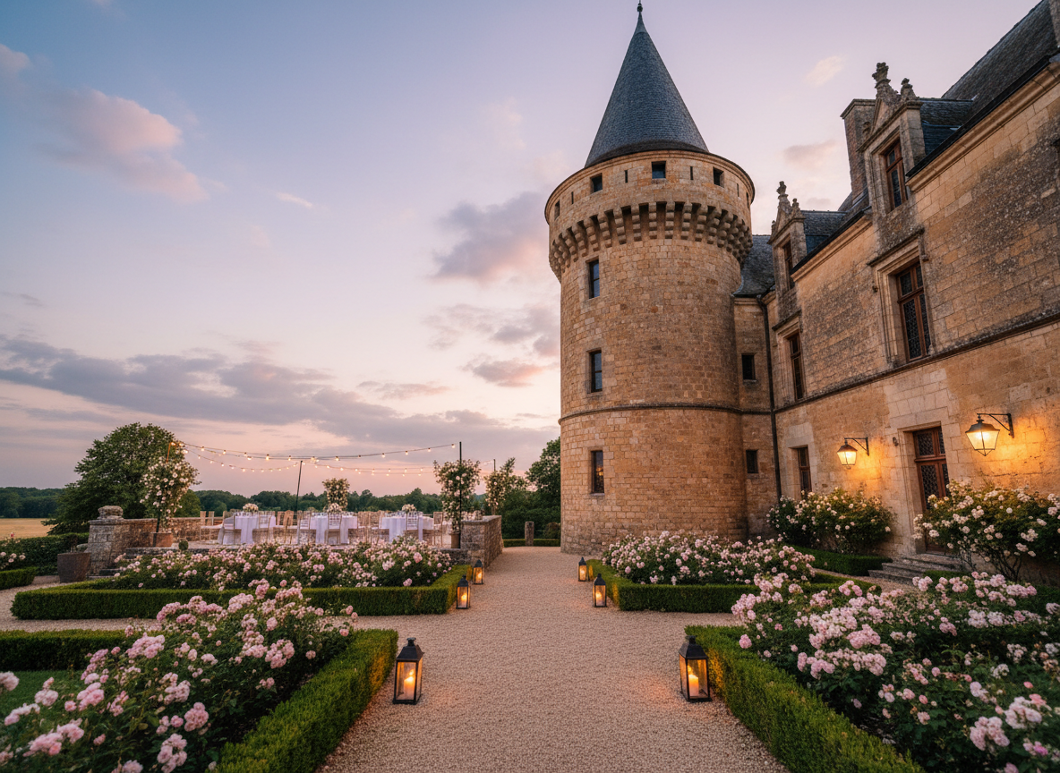 An ornate stone tower of Château de Goudourville rises against a soft pastel evening sky, rendered in high-resolution photographic realism. The warm-toned masonry shows centuries of patina, with narrow arched windows and a conical slate roof silhouetted against hints of lavender and peach clouds. Below, a manicured gravel path curves through formal boxwood hedges and pale rose bushes in full bloom, leading the viewer’s eye toward a secluded terrace arranged for an outdoor wedding reception. Discreet lanterns sit along the path, their glass panes reflecting the last traces of daylight. The scene is lit by the delicate balance of blue hour ambient light and the first warm glow of terrace sconces, creating a serene, almost cinematic atmosphere. Composed with a low-angle perspective and controlled depth of field, the château feels majestic yet intimate, ideal for a private wedding celebration.