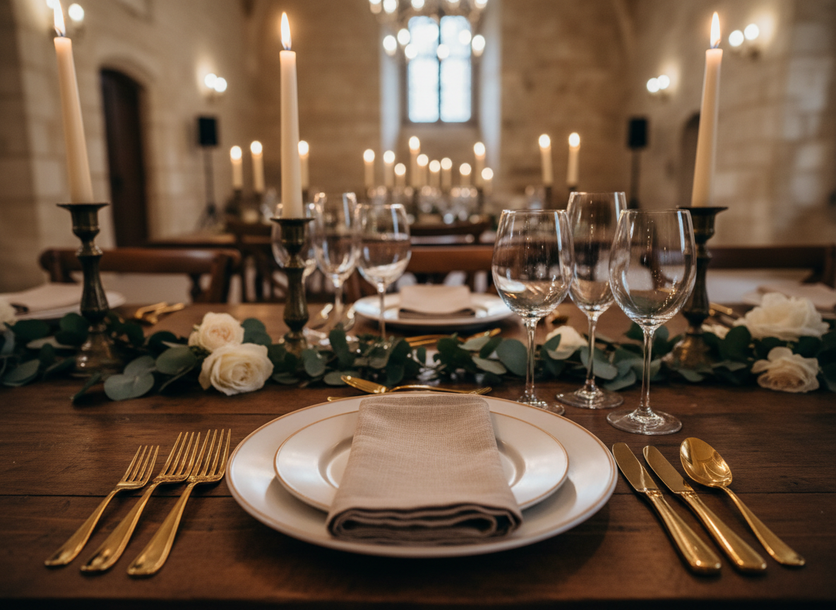 A close-up of an exquisitely styled wedding table setting inside a historic hall at Château de Goudourville, captured in photographic realism. A single place setting features a finely textured linen napkin in muted champagne, folded atop a matte porcelain plate with a subtle ivory rim, accented by slim gold cutlery aligned with geometric precision. Crystal stemware catches the soft glow of candlelight from tall, tapered candles in antique brass holders. The table is a rich, dark wood, slightly weathered, adding character beneath delicate eucalyptus sprigs and pale garden roses. Warm, diffused evening light from unseen chandeliers mixes with candlelight, creating gentle reflections and bokeh in the background. Shot with a shallow depth of field from a slightly elevated angle, the mood is intimate, refined, and quietly luxurious, perfect for a sophisticated wedding website.