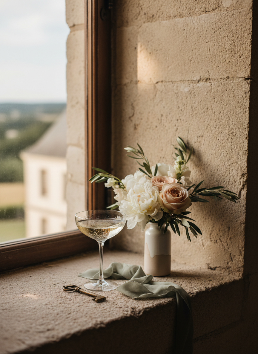An elegantly adorned stone window ledge at Château de Goudourville serves as a still-life vignette, captured in detailed photographic realism. On the aged, slightly rough limestone sill rests a crystal coupe filled with champagne, delicate bubbles catching the light beside a small, sculptural bouquet of white peonies, garden roses, and olive branches in a slender ceramic vase with a chalky matte finish. A vintage brass key and a silk ribbon in muted sage lie casually nearby, hinting at hidden rooms and private celebrations. Soft late-afternoon light filters through the window, creating a gentle glow on the crystal and subtle patterns on the stone wall. Photographed at a three-quarter angle with a shallow depth of field, background details blur into creamy softness, producing a refined, intimate, and quietly decadent ambiance suitable for a sophisticated wedding at a French château.