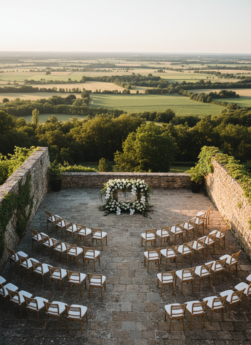 An aerial photographic realism view of a secluded garden terrace at Château de Goudourville, prepared for an intimate wedding ceremony. Rows of elegantly simple wooden chairs with linen cushions form a graceful semi-circle around a minimalist stone altar adorned with cascading white florals and trailing greenery. The terrace is enclosed by low, ancient stone walls draped in climbing vines, opening to views of the rolling French countryside beyond, tinted gold by the setting sun. The warm golden hour light creates delicate highlights on the chairs and altar while long, soft shadows trace the stone paving. The composition emphasizes symmetry and subtle grandeur, capturing both the structured ceremony space and the vast, romantic landscape below, conveying exclusivity, serenity, and timeless sophistication without including any people.